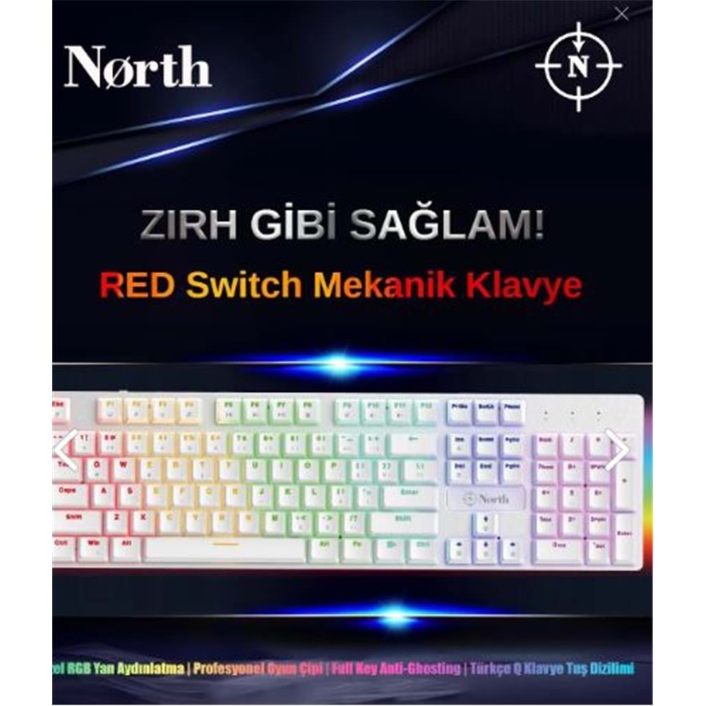 North Shield White Red Switch Türkçe Q RGB Beyaz Mekanik Gaming Klavye