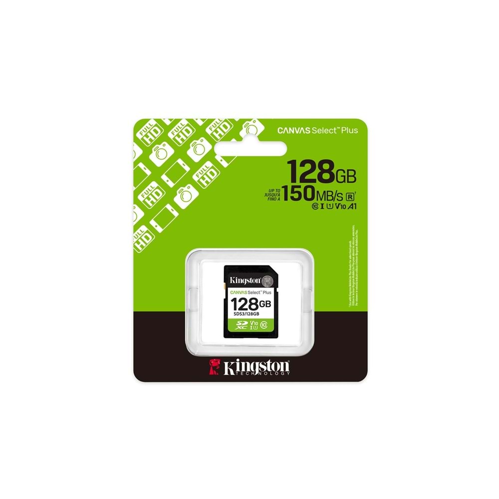 Kingston SDS3-128GB 128GB SDXC Canvas Select Plus Gen3 150MB-s C10 UHS-I U1 V10 Hafıza Kartı