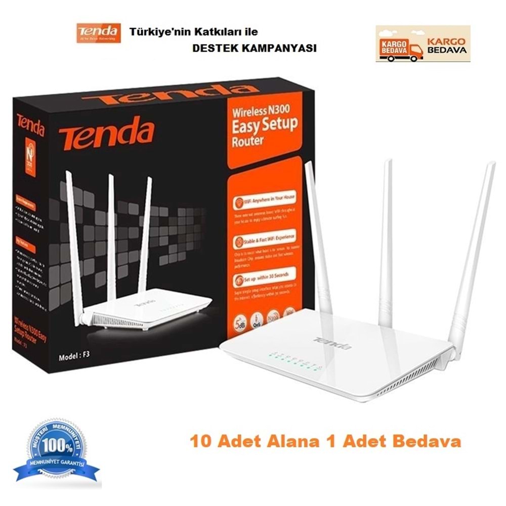 1 Koli 10+1 Adet Tenda F3 300 Mbps /Ap&Router