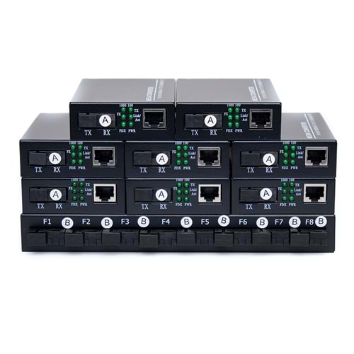 Fiber Optik 8 Port 1000 Mbit Media Converter Switch+8 Adet 1000 Mbit Media Converter Set