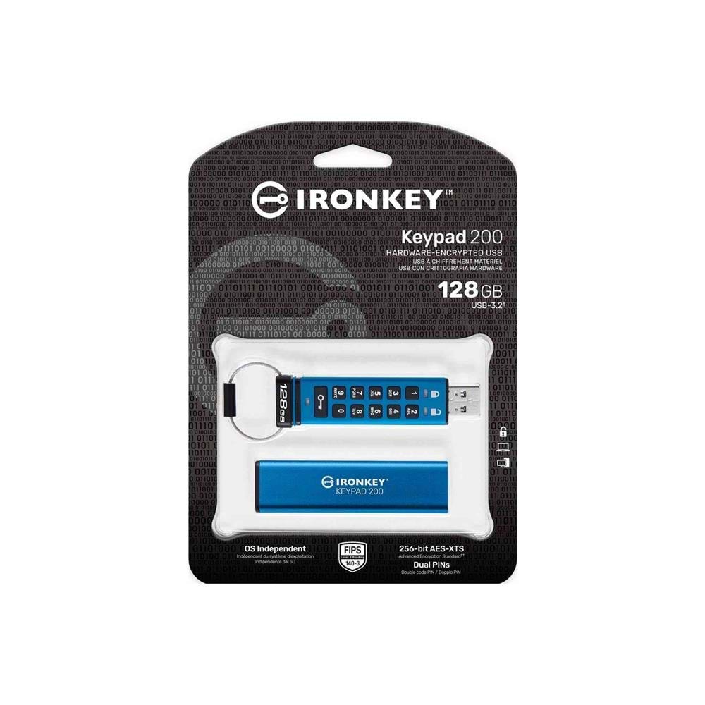 Kingston IKKP200-128GB 128GB IronKey Keypad 200, FIPS 140-3 Lvl 3 (Pending) Flash Bellek