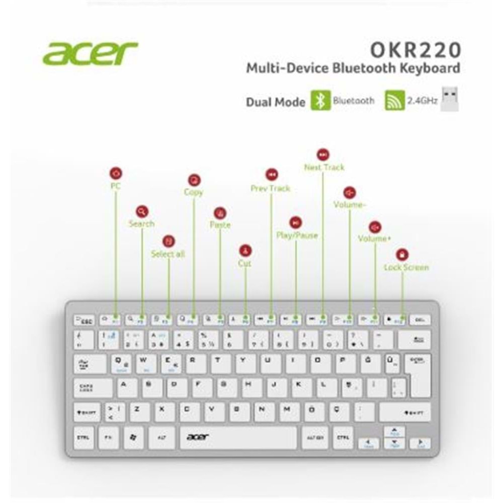 Acer OKR220 Beyaz MultiDevice Dual Mode 2.4GHZ Bluetooth Klavye (Smart Tv)(Android)