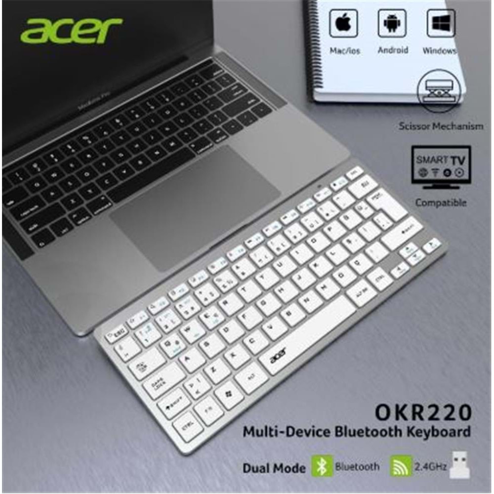 Acer OKR220 Beyaz MultiDevice Dual Mode 2.4GHZ Bluetooth Klavye (Smart Tv)(Android)