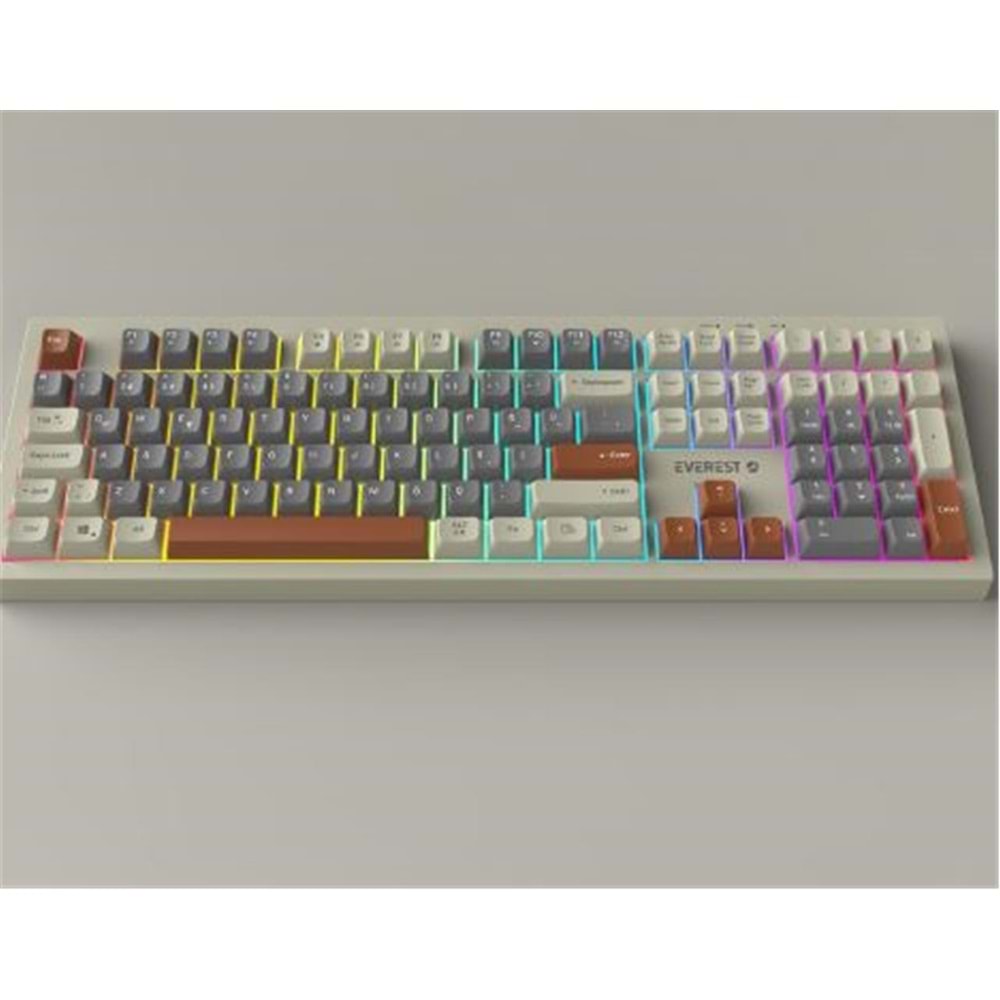 Everest KM-77 Runa Gri-Krem-Kahve Usb Rainbow Aydınlatmalı Sessiz Q Klavye + Mouse Set