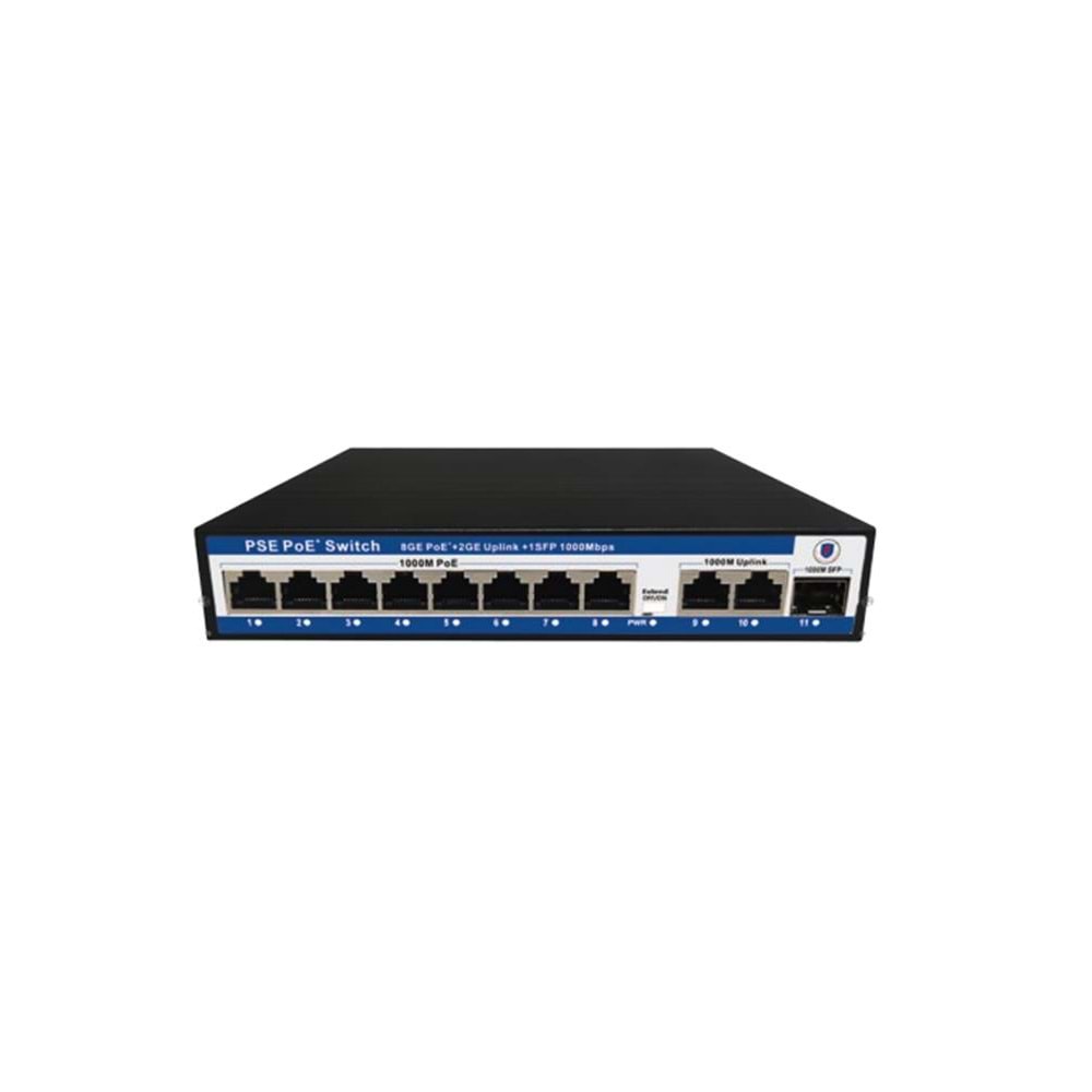 Nova NVC-PSEG0821G 8 Port Poe+ 10-100 Mbps 2 Port 10-100-1000 Mbps Uplink 1 Port SFP Switch 120W